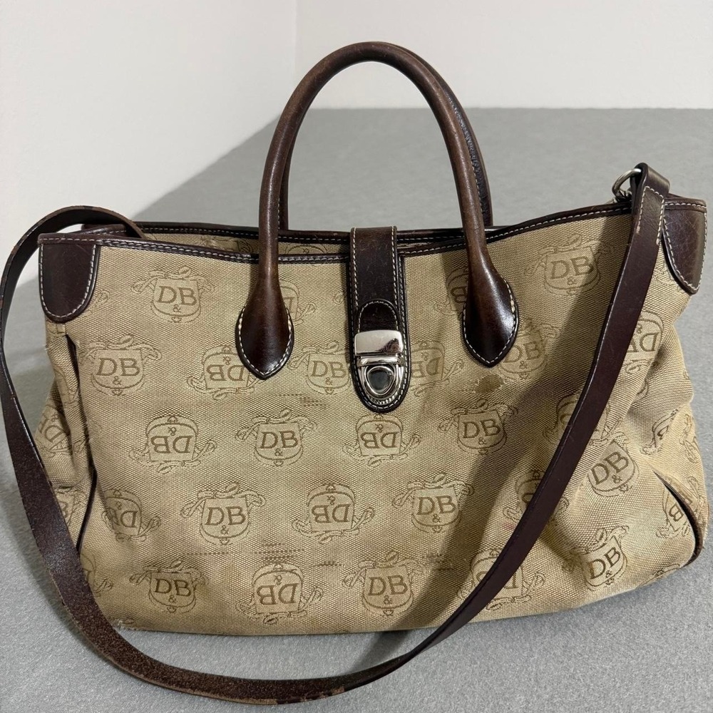 Vintage Y2K Dooney & Bourke Monogram Jacquard Brown Leather Satchel Purse bag